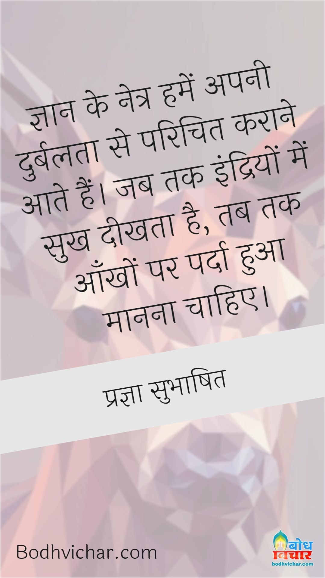 ज्ञान के नेत्र हमें अपनी दुर्बलता से परिचित कराने आते हैं। जब तक इंद्रियों में सुख दीखता है, तब तक आँखों पर पर्दा हुआ मानना चाहिए। : Gyaan ke naitra humein apn durbalta se parichit karane aate hain. jab tak indriyon me sukh dikhta hai tab tak aankho par parda hua maanana chahiye - प्रज्ञा सुभाषित