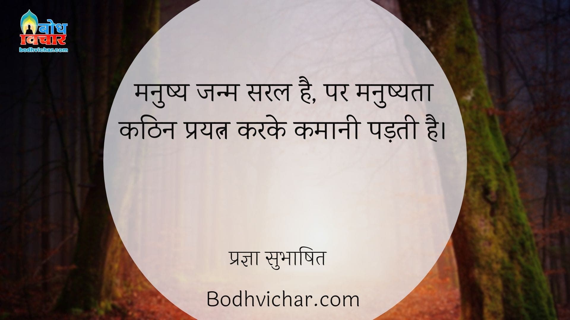 मनुष्य जन्म सरल है, पर मनुष्यता कठिन प्रयत्न करके कमानी पड़ती है। : Manushya janma saral hai, parantu manushyata prapta karne ke liye kathin prayatna karne padte hain. - प्रज्ञा सुभाषित