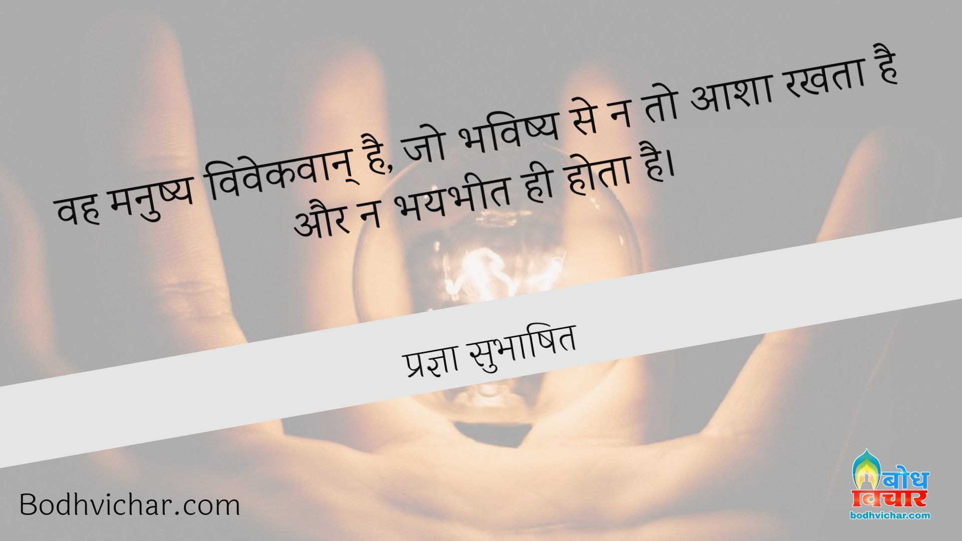 वह मनुष्य विवेकवान् है, जो भविष्य से न तो आशा रखता है और न भयभीत ही होता है। : Vah manushya vivekvaan hai jo bhavishya se na to aasha rakhta hai aur na hi bhaybheet hota hai. - प्रज्ञा सुभाषित