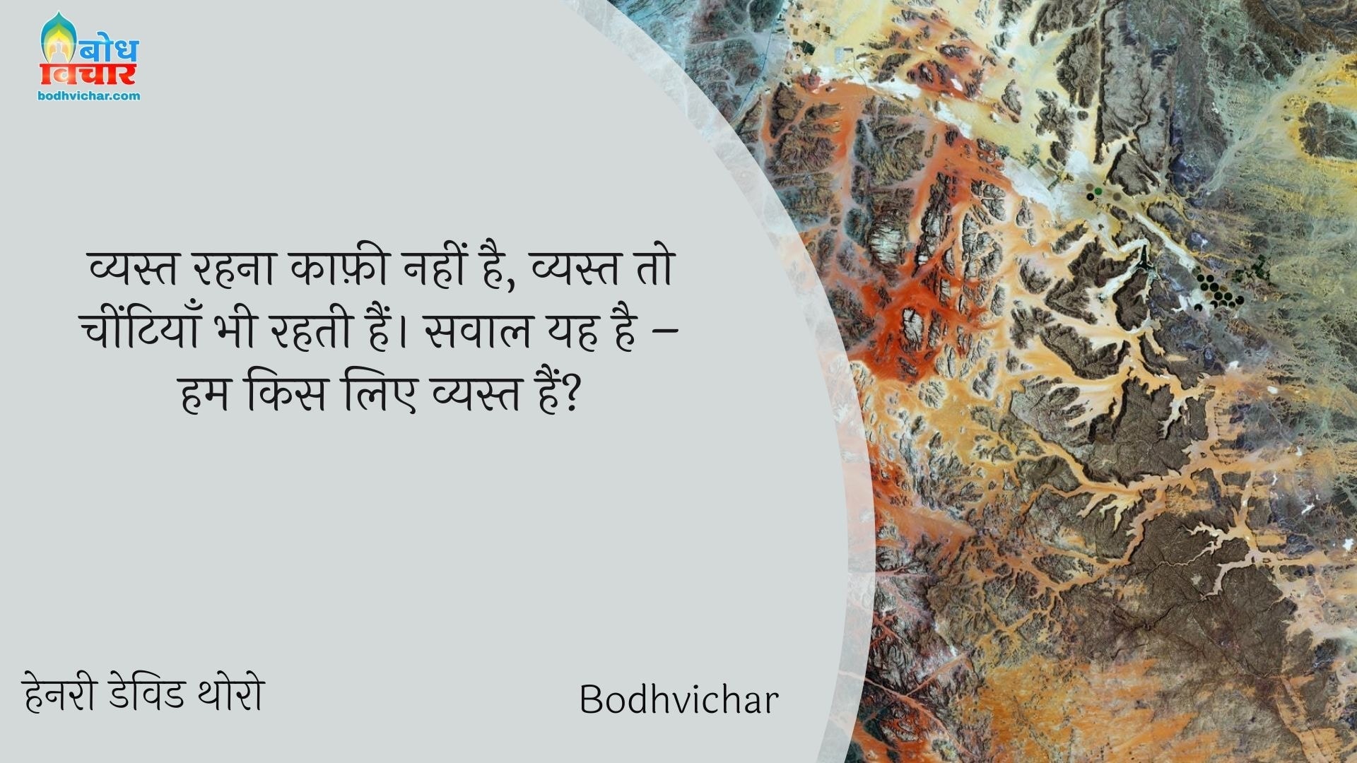 व्यस्त रहना काफ़ी नहीं है, व्यस्त तो चींटियाँ भी रहती हैं। सवाल यह है – हम किस लिए व्यस्त हैं? : Vyast rahna kaafi nahi hai, vyastto cheentiyaan bhi rahti hain. sawal yah hai - hum kis liye hain? - हेनरी डेविड थोरो | Henry David Thoreau