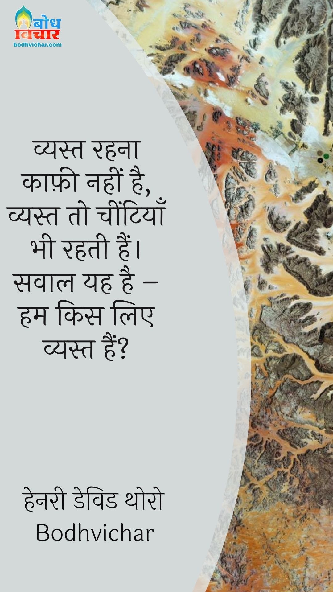 व्यस्त रहना काफ़ी नहीं है, व्यस्त तो चींटियाँ भी रहती हैं। सवाल यह है – हम किस लिए व्यस्त हैं? : Vyast rahna kaafi nahi hai, vyastto cheentiyaan bhi rahti hain. sawal yah hai - hum kis liye hain? - हेनरी डेविड थोरो | Henry David Thoreau