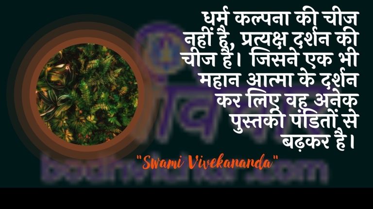 धर्म कल्पना की चीज नहीं है, प्रत्यक्ष दर्शन की चीज है। जिसने एक भी महान आत्मा के दर्शन कर लिए वह अनेक पुस्तकी पंडितों से बढ़कर है। : Dharm kalpana kee cheej nahin hai, pratyaksh darshan kee cheej hai. jisane bhee mahaan aatma ke darshan kar lie vah kaee kitaabakee panditon se badhakar hai. - स्वामी विवेकानन्द | Swami Vivekananda