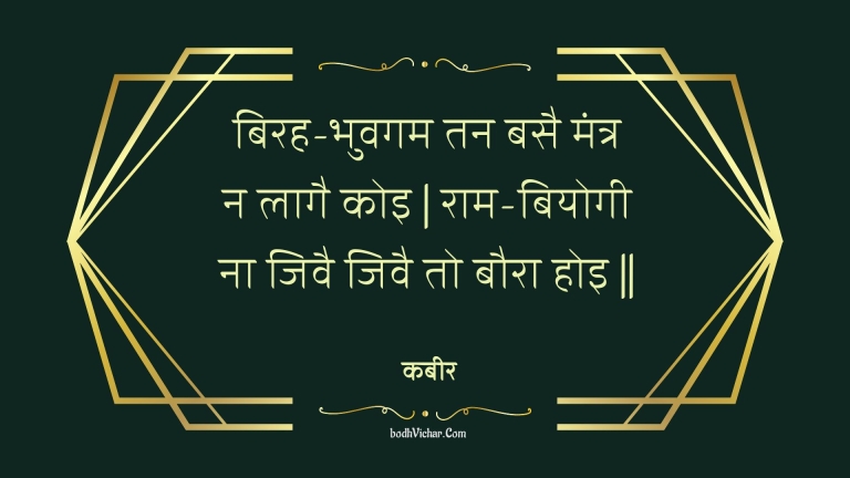बिरह-भुवगम तन बसै मंत्र न लागै कोइ | राम-बियोगी ना जिवै जिवै तो बौरा होइ || : Birah-bhuvagam tan basai mantr na laagai koi | raam-biyogee na jivai jivai to baura hoi || - कबीर