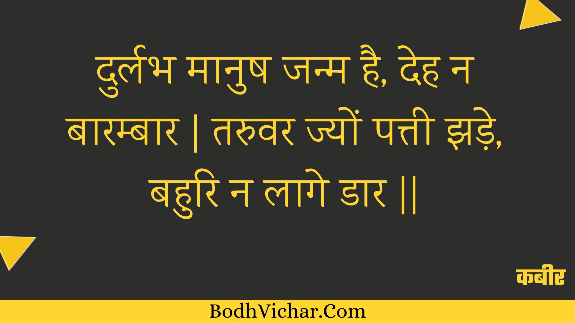 दुर्लभ मानुष जन्म है, देह न बारम्बार | तरुवर ज्यों पत्ती झड़े, बहुरि न लागे डार || : Durlabh maanush janm hai, deh na baarambaar | taruvar jyon pattee jhade, bahuri na laage daar || - कबीर