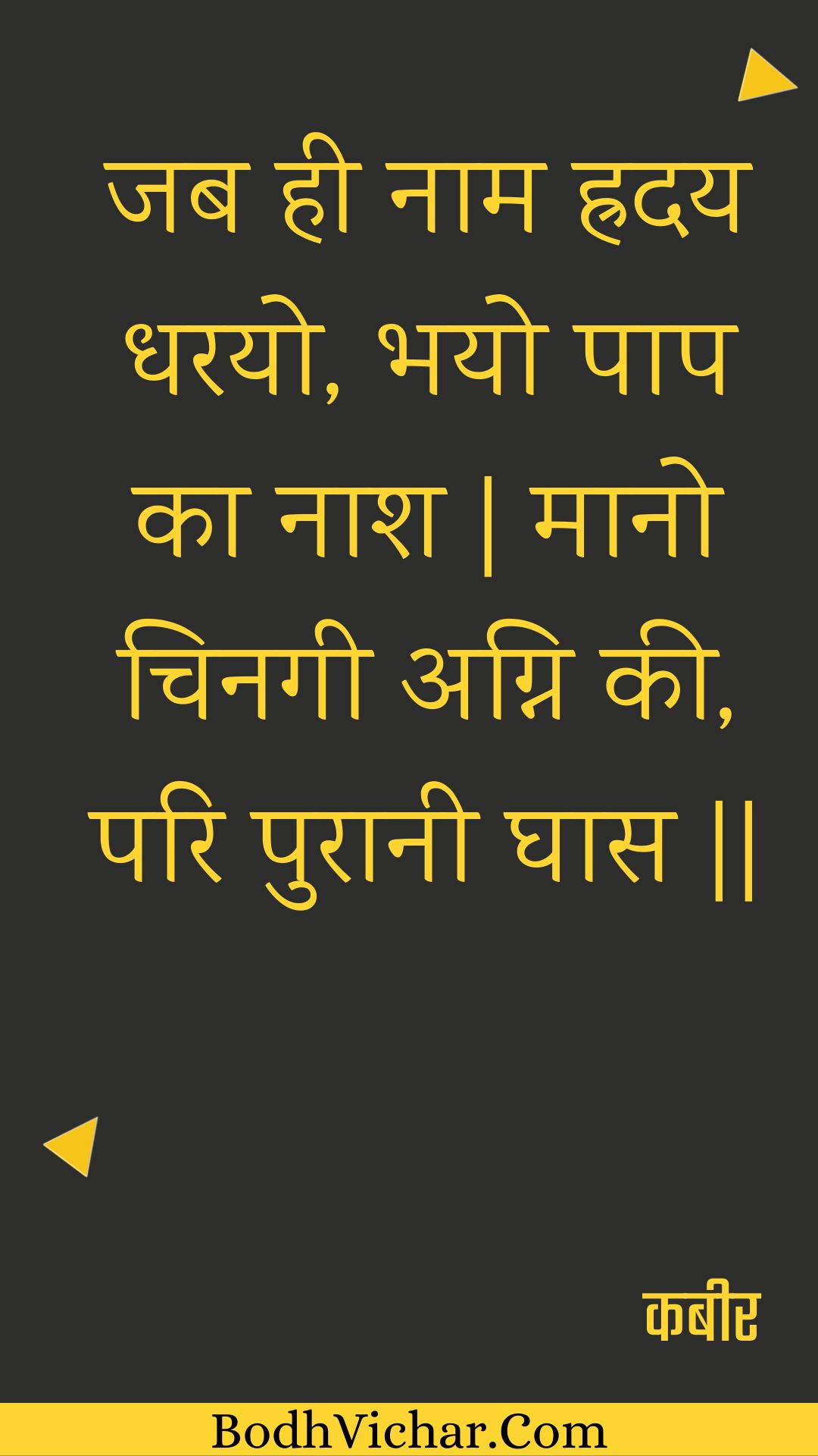 जब ही नाम ह्रदय धरयो, भयो पाप का नाश | मानो चिनगी अग्नि की, परि पुरानी घास || : Jab hee naam hraday dharayo, bhayo paap ka naash | maano chinagee agni kee, pari puraanee ghaas || - कबीर