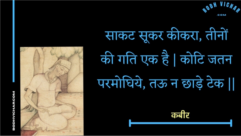 साकट सूकर कीकरा, तीनों की गति एक है | कोटि जतन परमोघिये, तऊ न छाड़े टेक || : Saakat sookar keekara, teenon kee gati ek hai | koti jatan paramoghiye, taoo na chhaade tek || - कबीर