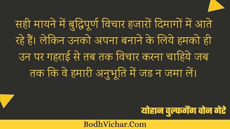 सही मायने में बुद्धिपूर्ण विचार हजारों दिमागों में आते रहे हैं। लेकिन उनको अपना बनाने के लिये हमको ही उन पर गहराई से तब तक विचार करना चाहिये जब तक कि वे हमारी अनुभूति में जड न जमा लें। : Sahi maayne mein buddhipurna vichar hajaaro dimag mein aate rehte hain, lekin unko apna banane ke liye humko hi un par gehraai se tab tak vichar karna chahiye jab tak ve hamari anubhuti mein jad na jamaa lein. - योहान वुल्फगैंग वोन गेटे