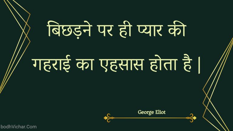 बिछड़ने पर ही प्यार की गहराई का एहसास होता है | : Bichhadane par hee pyaar kee gaharaee ka ehasaas hota hai . - Unknown