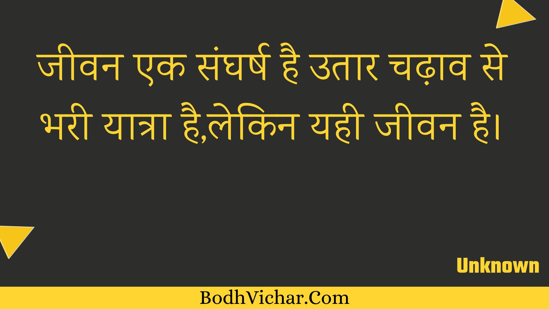 जीवन एक संघर्ष है उतार चढ़ाव से भरी यात्रा है,लेकिन यही जीवन है। : Jeevan ek sangharsh hai utaar chadhaav se bharee yaatra hai,lekin yahee jeevan hai. - Unknown