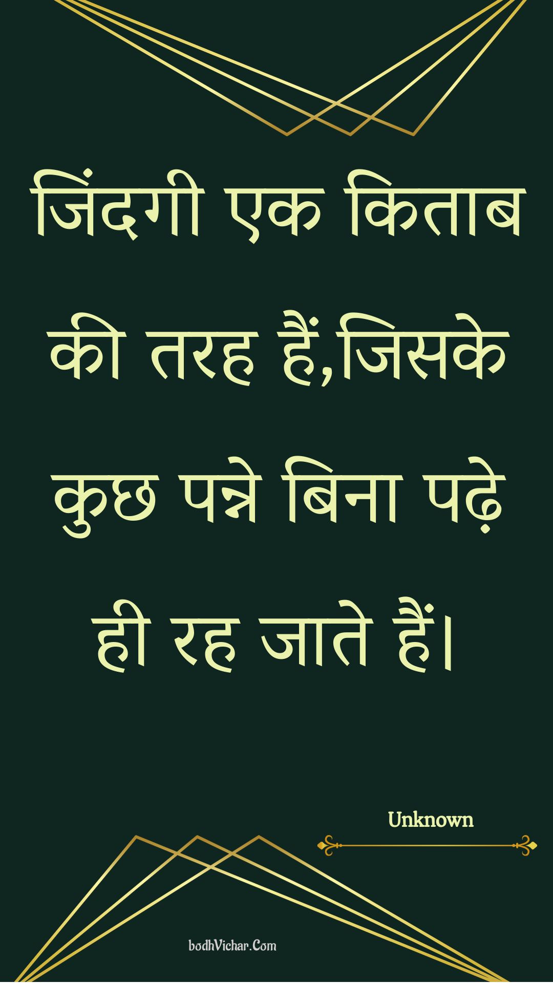 जिंदगी एक किताब की तरह हैं,जिसके कुछ पन्ने बिना पढ़े ही रह जाते हैं। : Jindagee ek kitaab kee tarah hain,jisake kuchh panne bina padhe hee rah jaate hain. - Unknown