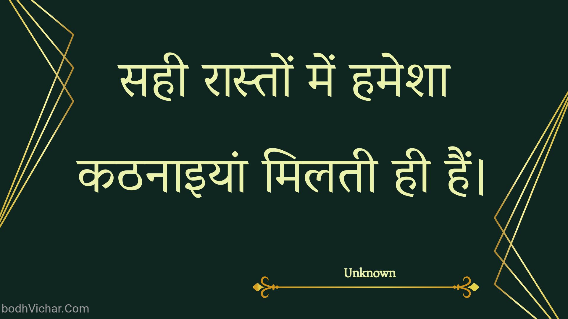 सही रास्तों में हमेशा कठनाइयां मिलती ही हैं। : Sahee raaston mein hamesha kathanaiyaan milatee hee hain. - Unknown