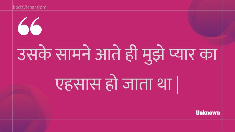 उसके सामने आते ही मुझे प्यार का एहसास हो जाता था | : Usake saamane aate hee mujhe pyaar ka ehasaas ho jaata tha . - Unknown